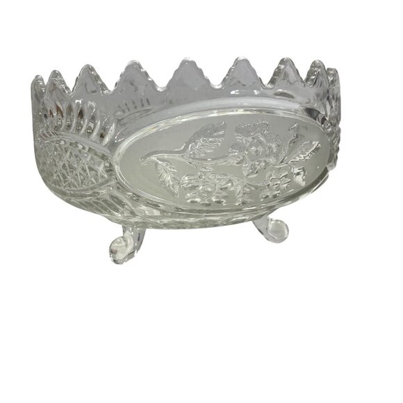 Vintage Clear Glass Footed Serving Bowl With Scalloped Edge & Floral Pattern - Picture 1 of 7